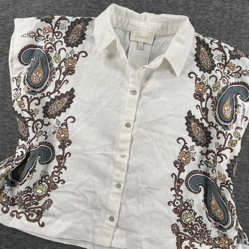Cleobella XS White Paisley Coastal Linen Blend Lagenlook Cropped Boho Blouse - Picture 12 of 13